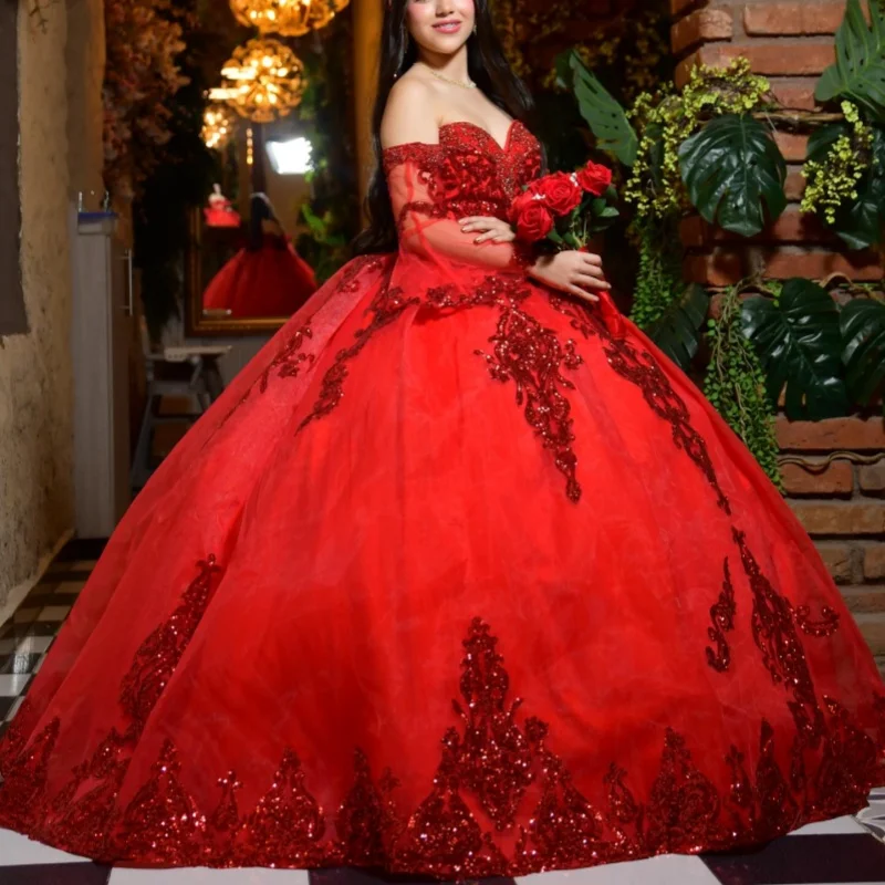 Simple Red Quinceanera Dress off-shoulder Glitter Crystal Decal Long tail vestidos de 15 Quinceanera Customize
Simple Red Quinceanera Dress off-shoulder Glitter Crystal Decal Long tail vestidos de 15 Quinceanera Customize