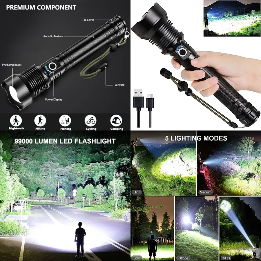 Rechargeable LED Flashlights High Lumens, 99, 000 Lumens Super Bright Flashlight with 5 Modes and Waterproof, Powerful Handheld
Rechargeable LED Flashlights High Lumens, 99, 000 Lumens Super Bright Flashlight with 5 Modes and Waterproof, Powerful Handheld