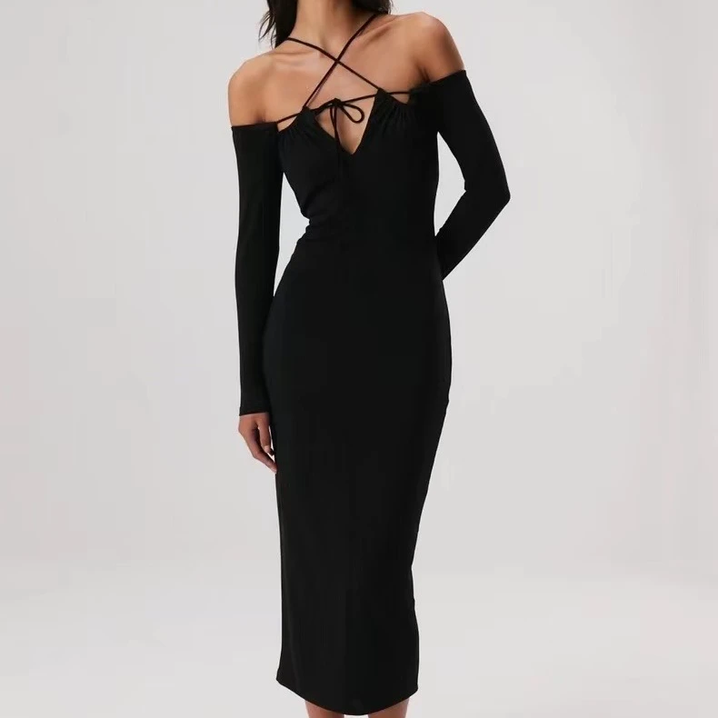 Women Sexy Bodycon Slim Midi Black Dress Lace-up Halter Neck Off the Shoulder long dress
Women Sexy Bodycon Slim Midi Black Dress Lace-up Halter Neck Off the Shoulder long dress