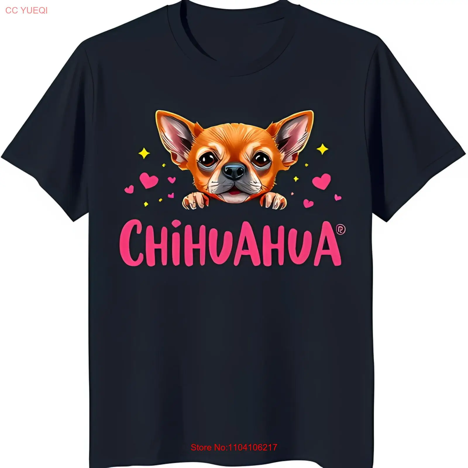 Charming Black T-Shirt with Cartoon Chihuahua Design & Pink Hearts
Charming Black T-Shirt with Cartoon Chihuahua Design & Pink Hearts