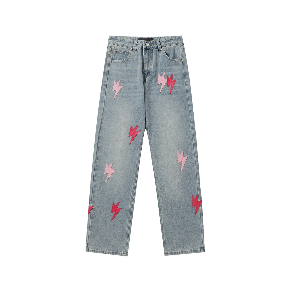 Original Pink Pu Leather Lightning Embroidery Baggy Jeans for Men Washed Casual Loose Denim Trousers Streetwear Casual Cargos
Original Pink Pu Leather Lightning Embroidery Baggy Jeans for Men Washed Casual Loose Denim Trousers Streetwear Casual Cargos