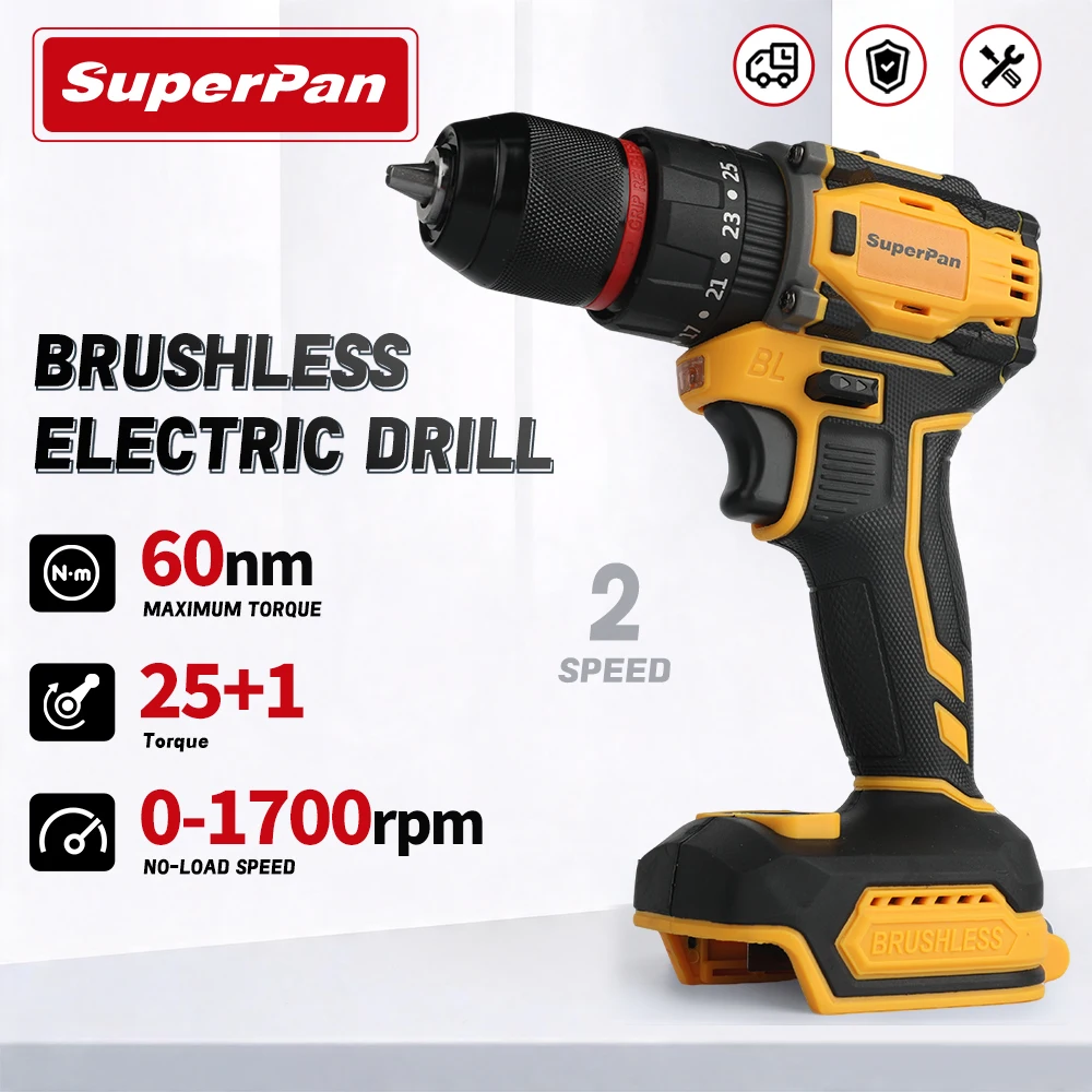 SuperPan 20V Cordless Brushless Drill 60N·m Max Torque 0-1700RPM 13mm Chuck Power Tool For Dewalt 20v Battery Pins
SuperPan 20V Cordless Brushless Drill 60N·m Max Torque 0-1700RPM 13mm Chuck Power Tool For Dewalt 20v Battery Pins