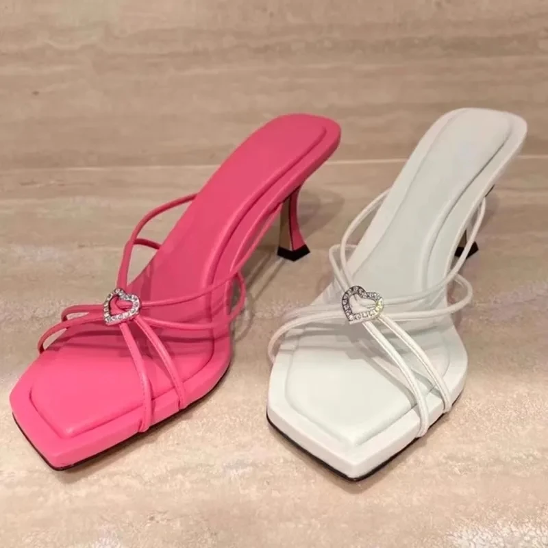 Square Toe High Heels Slippers Women Cross Strap Heart Shape Rhinestone Stiletto Sandals Lady Dress Shoes White Pink Color
Square Toe High Heels Slippers Women Cross Strap Heart Shape Rhinestone Stiletto Sandals Lady Dress Shoes White Pink Color