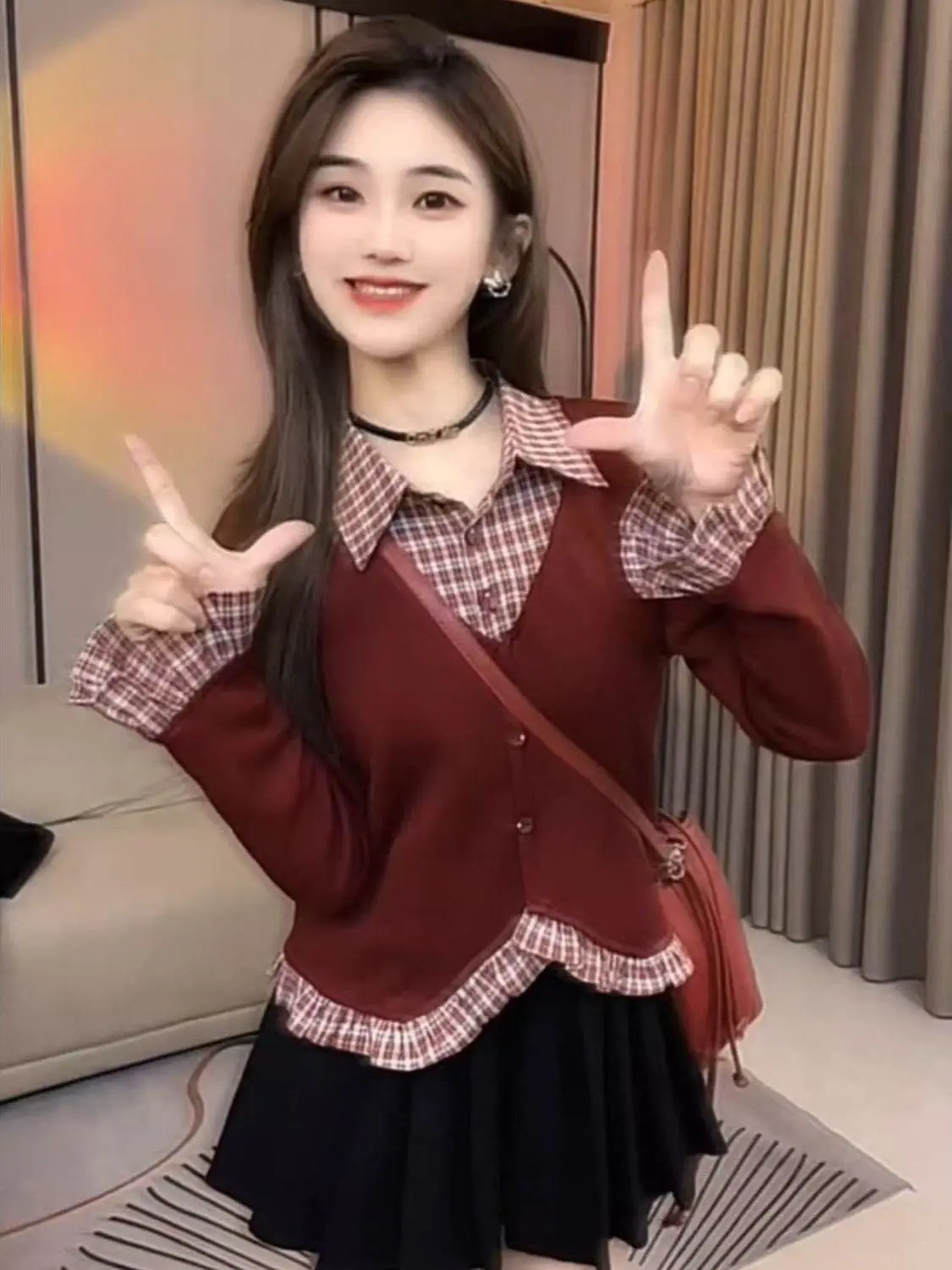 Red Plaid irt And Skirt Set Women's Spring Autumn New Year's Outfit Long Sve ature Top Two-Piece Set Ele Sle
Red Plaid irt And Skirt Set Women's Spring Autumn New Year's Outfit Long Sve ature Top Two-Piece Set Ele Sle