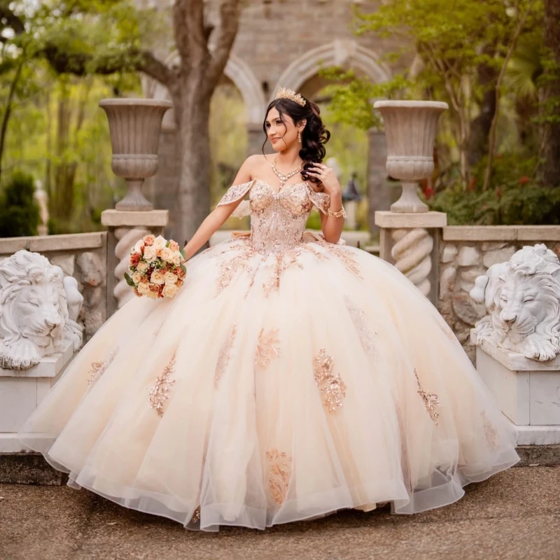 champagne Shiny Ball Gown Quinceanera Dresses Sequin Applique Beading Crystal Bow Tiered Tull Corset Off The Shoulder Sweet 16
champagne Shiny Ball Gown Quinceanera Dresses Sequin Applique Beading Crystal Bow Tiered Tull Corset Off The Shoulder Sweet 16