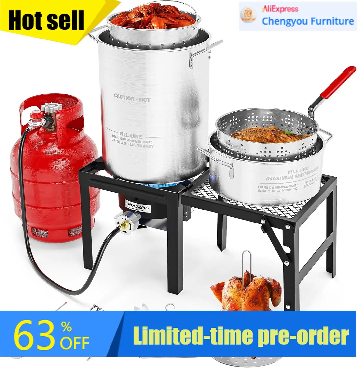 30QT Turkey Fryer 10QT Fish Fryer Propane Stove Lifting Hook Turkey Rack Thermometer Aluminum Pot Outdoor Cooking Seafood Boil
30QT Turkey Fryer 10QT Fish Fryer Propane Stove Lifting Hook Turkey Rack Thermometer Aluminum Pot Outdoor Cooking Seafood Boil