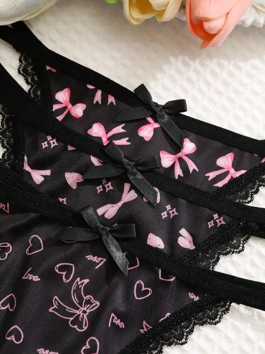 5pcs Printed Lace Bow Women Thong Panties With Black Ribbon Decoration
5pcs Printed Lace Bow Women Thong Panties With Black Ribbon Decoration