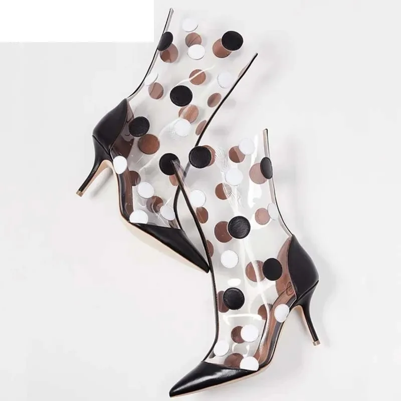 PVC Transparent Pointed Toe Mid-Claf Mixed Colors Rivets Women Boots Stiletto High Heels Zipper Design Large Size Shoes
PVC Transparent Pointed Toe Mid-Claf Mixed Colors Rivets Women Boots Stiletto High Heels Zipper Design Large Size Shoes