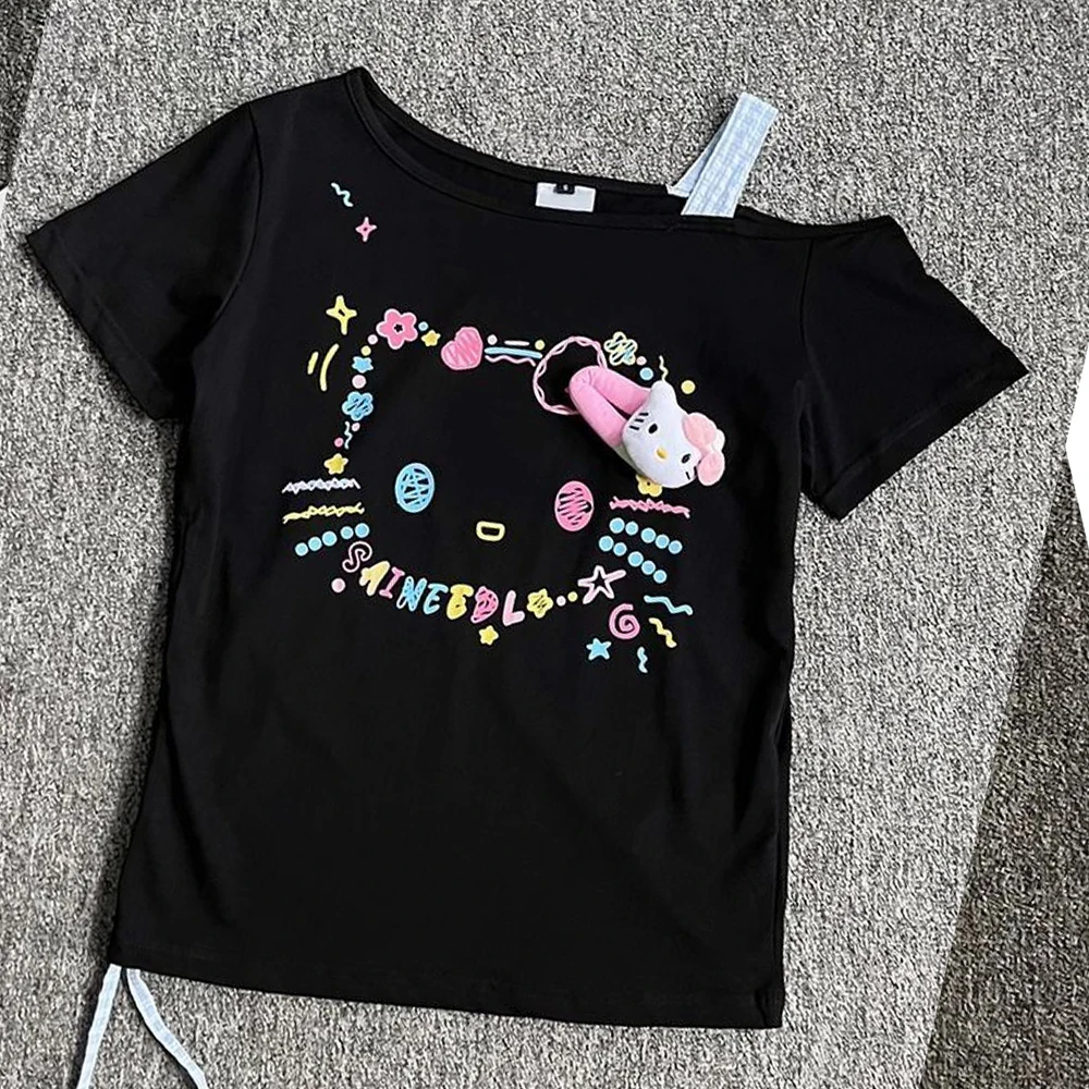 Kawaii Hello Kitty Cotton Cute Cartoon Printed Diagonal Shoulder Short Sleeve T-Shirt Women In Summer Loose Slim Beautiful Top
Kawaii Hello Kitty Cotton Cute Cartoon Printed Diagonal Shoulder Short Sleeve T-Shirt Women In Summer Loose Slim Beautiful Top