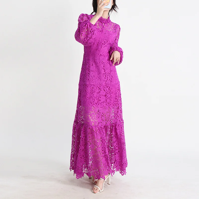 Lace Embroidery Elegant Dresses for Women Stand Collar Long Sleeve High Waist Solid Hollow Out Maxi Dress Female Vintage Dress
Lace Embroidery Elegant Dresses for Women Stand Collar Long Sleeve High Waist Solid Hollow Out Maxi Dress Female Vintage Dress