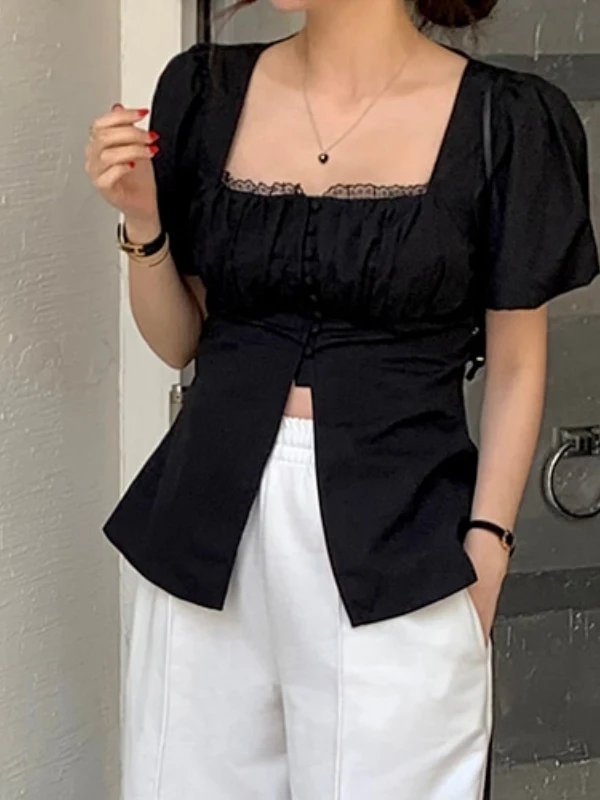 Pure Color Slimming Design ort Sve Bubble Sve irt Women's Faionable Commute Sle Square Collar Lace Trim Button up
Pure Color Slimming Design ort Sve Bubble Sve irt Women's Faionable Commute Sle Square Collar Lace Trim Button up