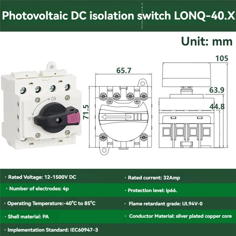 Solar Isolator Switch PV DC 1200V 32A Solar Rotating Handle Isolator Rotary Switch Disconnector For Solar Device AN01R
Solar Isolator Switch PV DC 1200V 32A Solar Rotating Handle Isolator Rotary Switch Disconnector For Solar Device AN01R