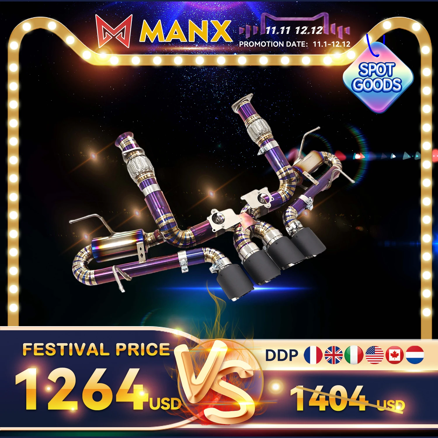 11.11 MANX Exhaust System Catback for Corvette C8 Z06 5.5L V8 Ti Baked Purple OEM valve base with tips Support customization
11.11 MANX Exhaust System Catback for Corvette C8 Z06 5.5L V8 Ti Baked Purple OEM valve base with tips Support customization