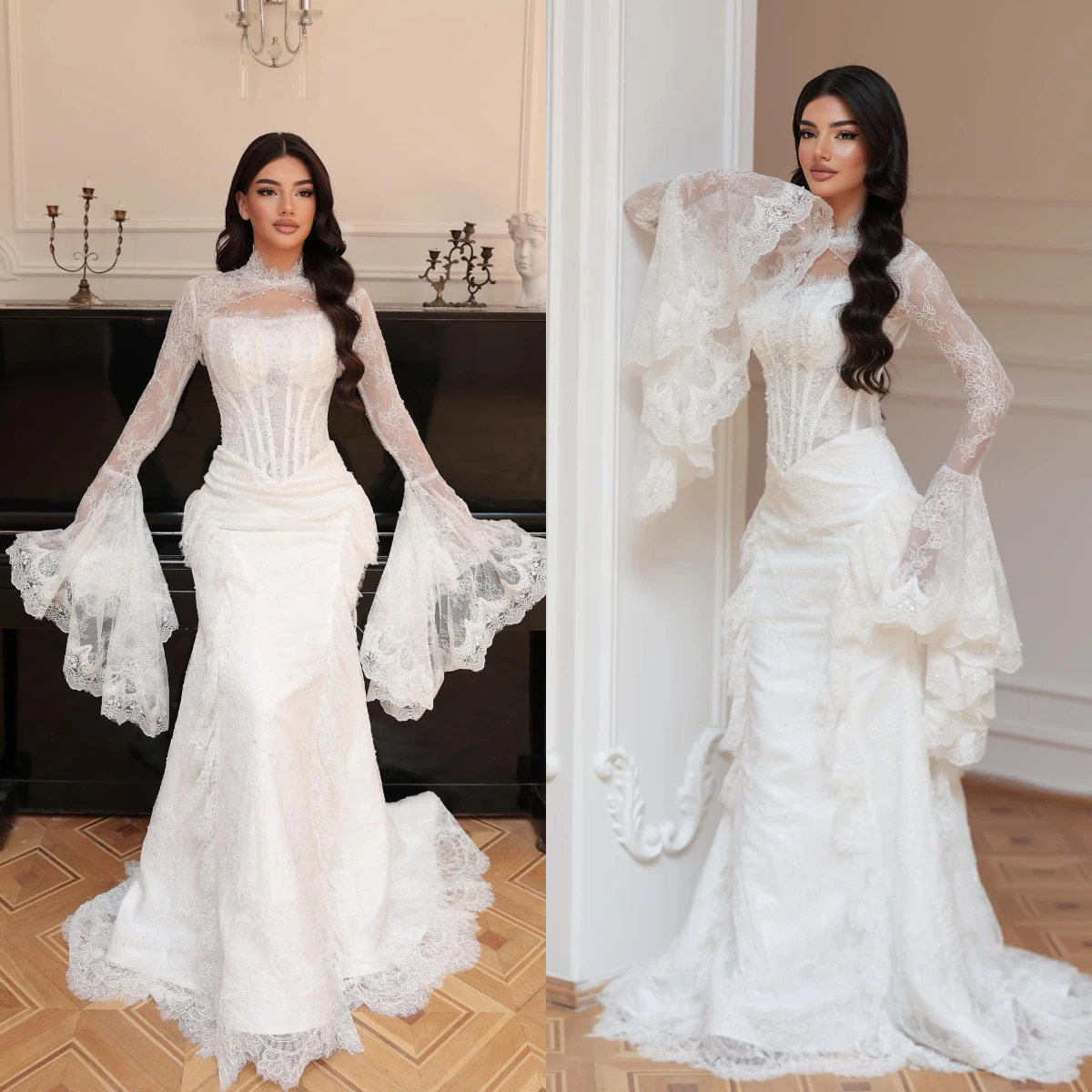 Luxurious Mermaid Lace Decal Women's Wedding Dress with High Collar And Trumpet Sleeve Bridal Dress Vestido De Novia Customized
Luxurious Mermaid Lace Decal Women's Wedding Dress with High Collar And Trumpet Sleeve Bridal Dress Vestido De Novia Customized