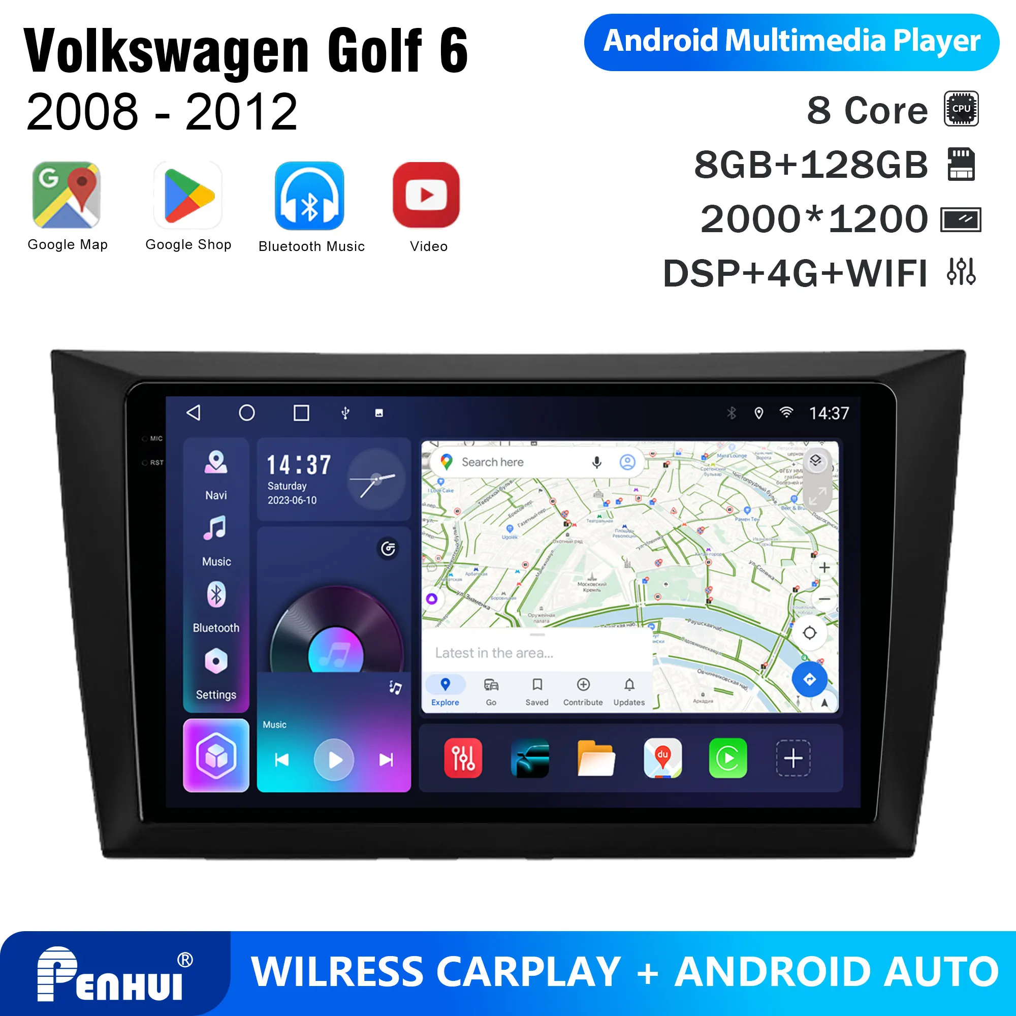 Penhui Android Car DVD Player 2 Din for Volkswagen Golf 6 2008 - 2012 Multimedia Screen with DSP, Bluetooth, Audio & CarPlay
Penhui Android Car DVD Player 2 Din for Volkswagen Golf 6 2008 - 2012 Multimedia Screen with DSP, Bluetooth, Audio & CarPlay