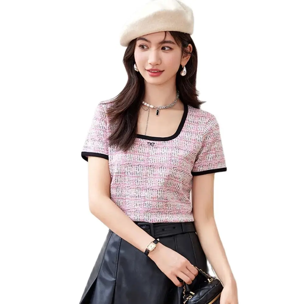 Korean Style Tweed Plaid Round Neck Short Sleeve T Shirt Women Clothing 2025 Summer New Elegant Slim Fit Tops Tshirt Lady
Korean Style Tweed Plaid Round Neck Short Sleeve T Shirt Women Clothing 2025 Summer New Elegant Slim Fit Tops Tshirt Lady