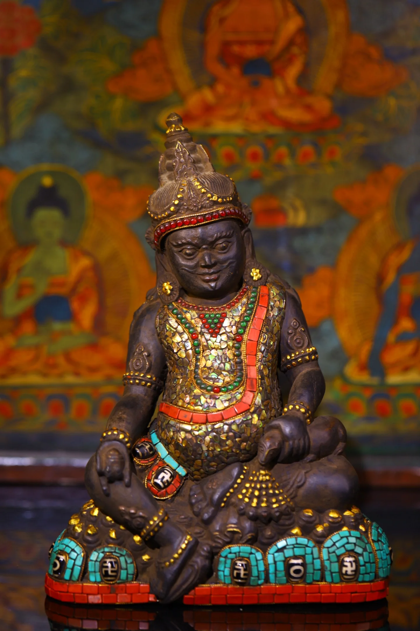 11"Tibetan Temple Collection Old Mani stone Painted Mosaic Gem Turquoise Yellow Jambhala Sitting Buddha Worship Hall
11"Tibetan Temple Collection Old Mani stone Painted Mosaic Gem Turquoise Yellow Jambhala Sitting Buddha Worship Hall