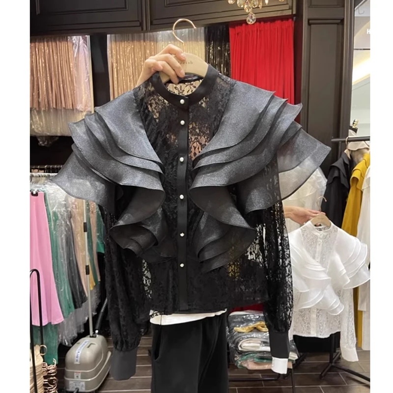 New Autumn European Clothes Blouse T-Shirt Chic Sexy Stand Button Patchwork Hollow Out Ruffles Women Tops Long Sleeve Tees 47034
New Autumn European Clothes Blouse T-Shirt Chic Sexy Stand Button Patchwork Hollow Out Ruffles Women Tops Long Sleeve Tees 47034