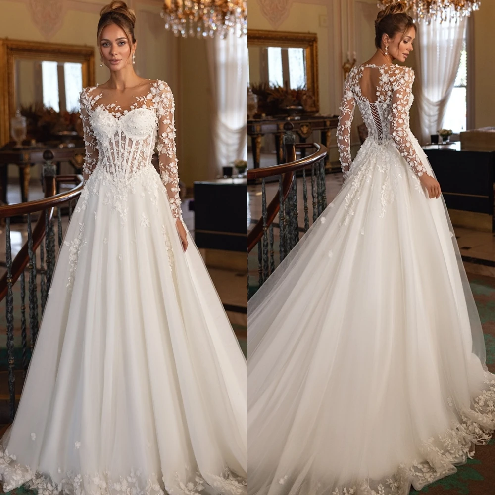 Customized Romantic Pearls and Appliques Bridal Gowns White Tulle Long Sleeves Wedding Dress Simple O-neck A-Line Robe de mariée
Customized Romantic Pearls and Appliques Bridal Gowns White Tulle Long Sleeves Wedding Dress Simple O-neck A-Line Robe de mariée
