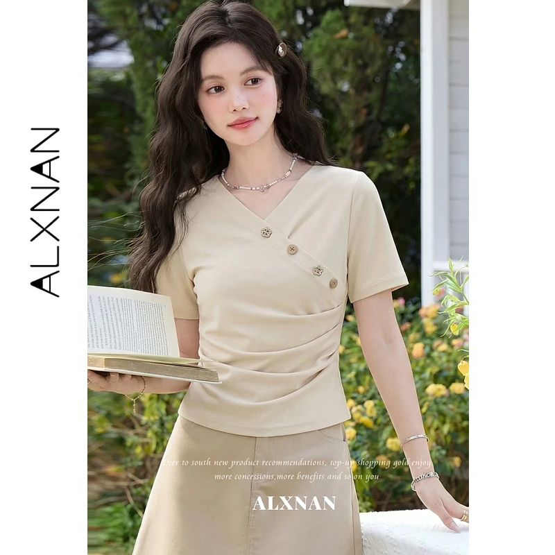 ALXNAN V-neck Oatmeal Women T-shirt Summer New Floral Button Ruched Slim Short Sleeve Tops Elegant Casual Female Tops L65756A
ALXNAN V-neck Oatmeal Women T-shirt Summer New Floral Button Ruched Slim Short Sleeve Tops Elegant Casual Female Tops L65756A