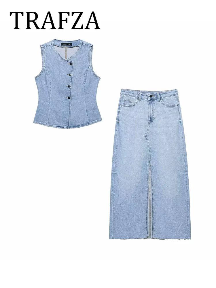 TRAFZA Denim Skirt Sets For Women 2 Pieces Outfit O Neck Button Vest+ High Waisted Vent Skirt 2025 New Fashion Elegant Lady Suit
TRAFZA Denim Skirt Sets For Women 2 Pieces Outfit O Neck Button Vest+ High Waisted Vent Skirt 2025 New Fashion Elegant Lady Suit