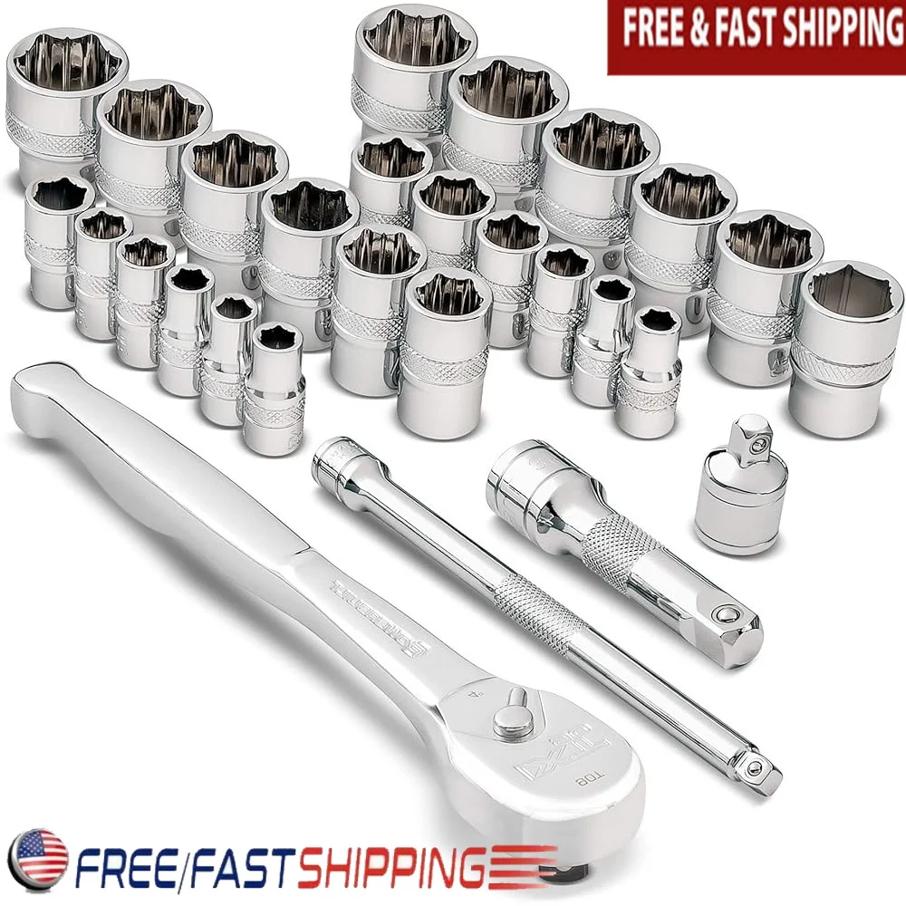 28 Piece Damaged Bolt Socket Set Chrome Vanadium Hex Sockets 90 Tooth Ratchet Tool Storage Tray Rusted Nuts Fasteners
28 Piece Damaged Bolt Socket Set Chrome Vanadium Hex Sockets 90 Tooth Ratchet Tool Storage Tray Rusted Nuts Fasteners