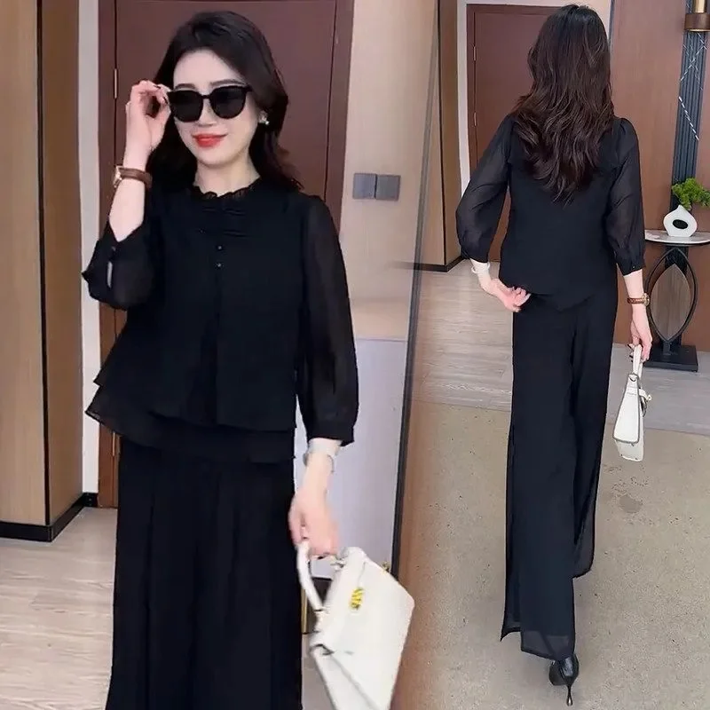 Spring Female Chiffon Top Trousers Suit Korean Office Ladies Fashion Pullover Shirt Wide Leg Pants 2PCS Summer Women Outfit
Spring Female Chiffon Top Trousers Suit Korean Office Ladies Fashion Pullover Shirt Wide Leg Pants 2PCS Summer Women Outfit