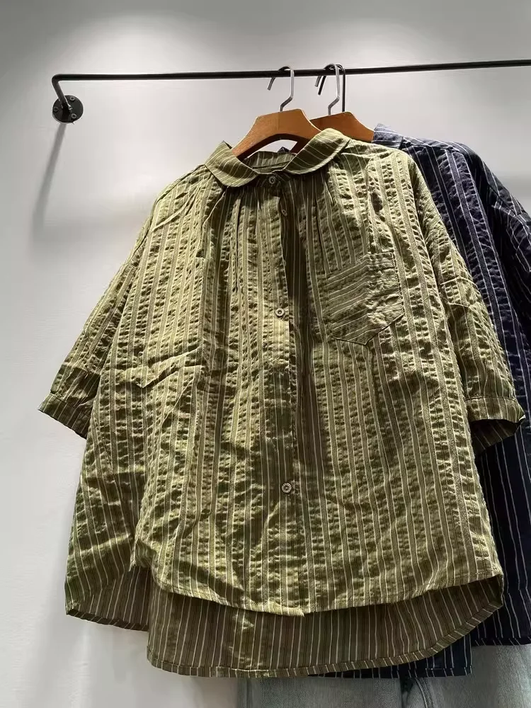 2025 Summer women's clothing 100% cotton peter pan collar striped shirts short sleeve blouses for women large size tops
2025 Summer women's clothing 100% cotton peter pan collar striped shirts short sleeve blouses for women large size tops