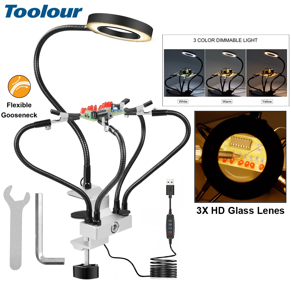 Helping Hands Soldering Tool with 3X LED Magnifying Lamp/Metal Circuit Board Holder/4 Flexible Metal Arms Electronic Repair Tool
Helping Hands Soldering Tool with 3X LED Magnifying Lamp/Metal Circuit Board Holder/4 Flexible Metal Arms Electronic Repair Tool