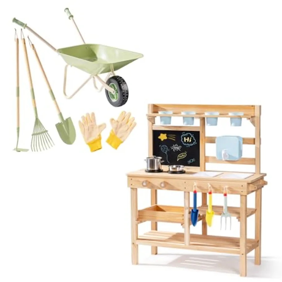 Outdoor mud kitchen wheelbarrow set for backyard sensory play and gardening: wooden kitchen with real water flow, metal wheelba
Outdoor mud kitchen wheelbarrow set for backyard sensory play and gardening: wooden kitchen with real water flow, metal wheelba