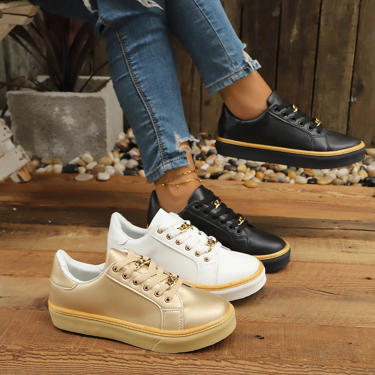 Women Sneakers 2026 New Fashion Chain Leather Comfortable Round Toe Platform Sneakers Lace-up Walking Women Vulcanized Shoes
Women Sneakers 2026 New Fashion Chain Leather Comfortable Round Toe Platform Sneakers Lace-up Walking Women Vulcanized Shoes