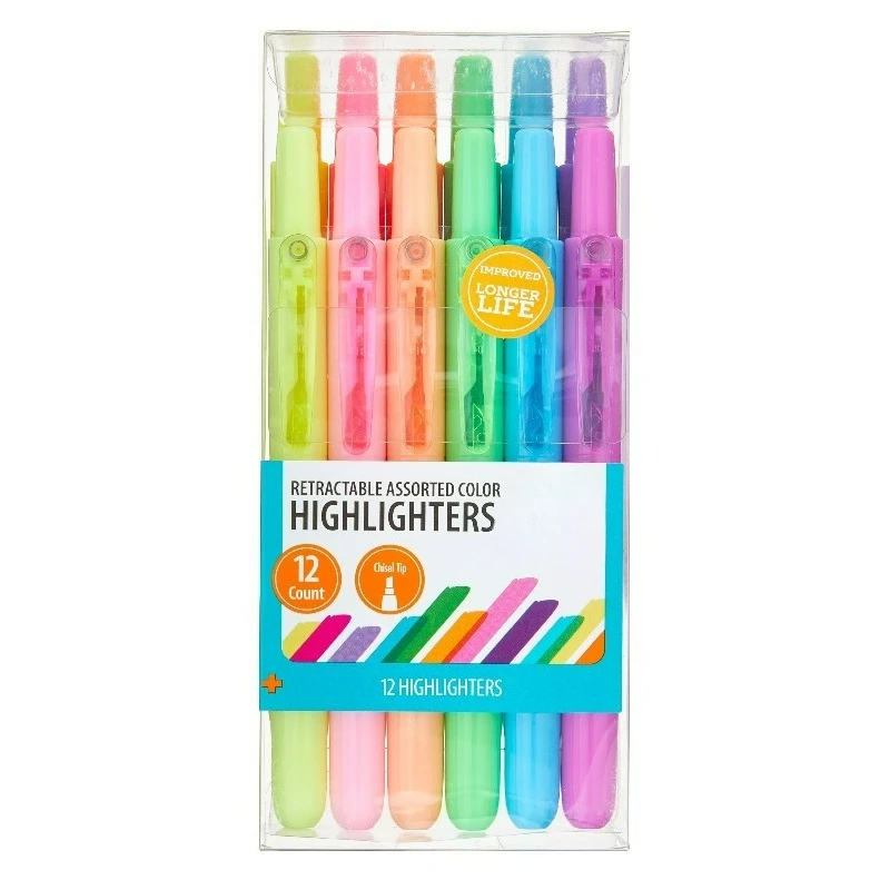 Retractable Highlighters, Chisel Tip, Assorted Colors, Multi Colored Ink,12 Count
Retractable Highlighters, Chisel Tip, Assorted Colors, Multi Colored Ink,12 Count