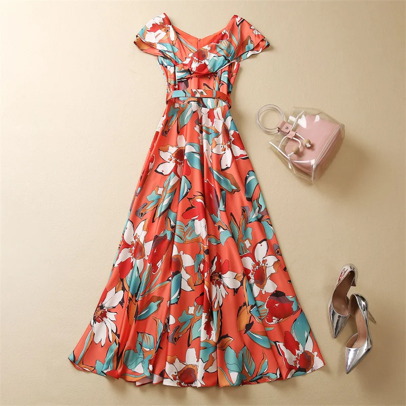 Long Dress 2023 Summer High Quality Designer Fashion Style Women V-Neck Big Floral Prints Short Sleeve Casual Orange Maxi Dress
Long Dress 2023 Summer High Quality Designer Fashion Style Women V-Neck Big Floral Prints Short Sleeve Casual Orange Maxi Dress