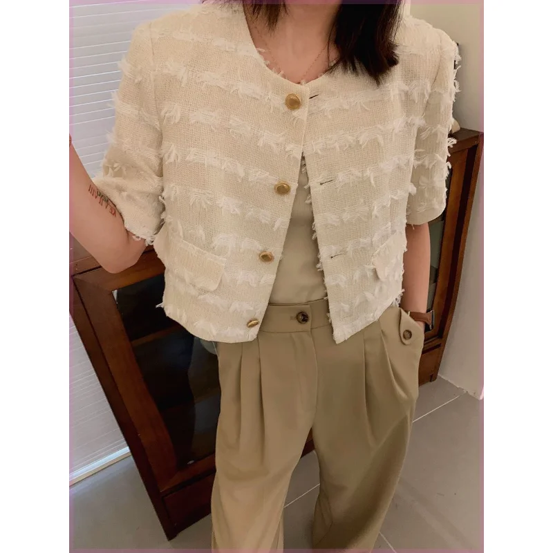 Small Fragrance Tassel Short-sleeved Jackets Women Summer New Fashion O Neck Simple Casual Korea Chic Daily Basic Lady Coat 1354
Small Fragrance Tassel Short-sleeved Jackets Women Summer New Fashion O Neck Simple Casual Korea Chic Daily Basic Lady Coat 1354