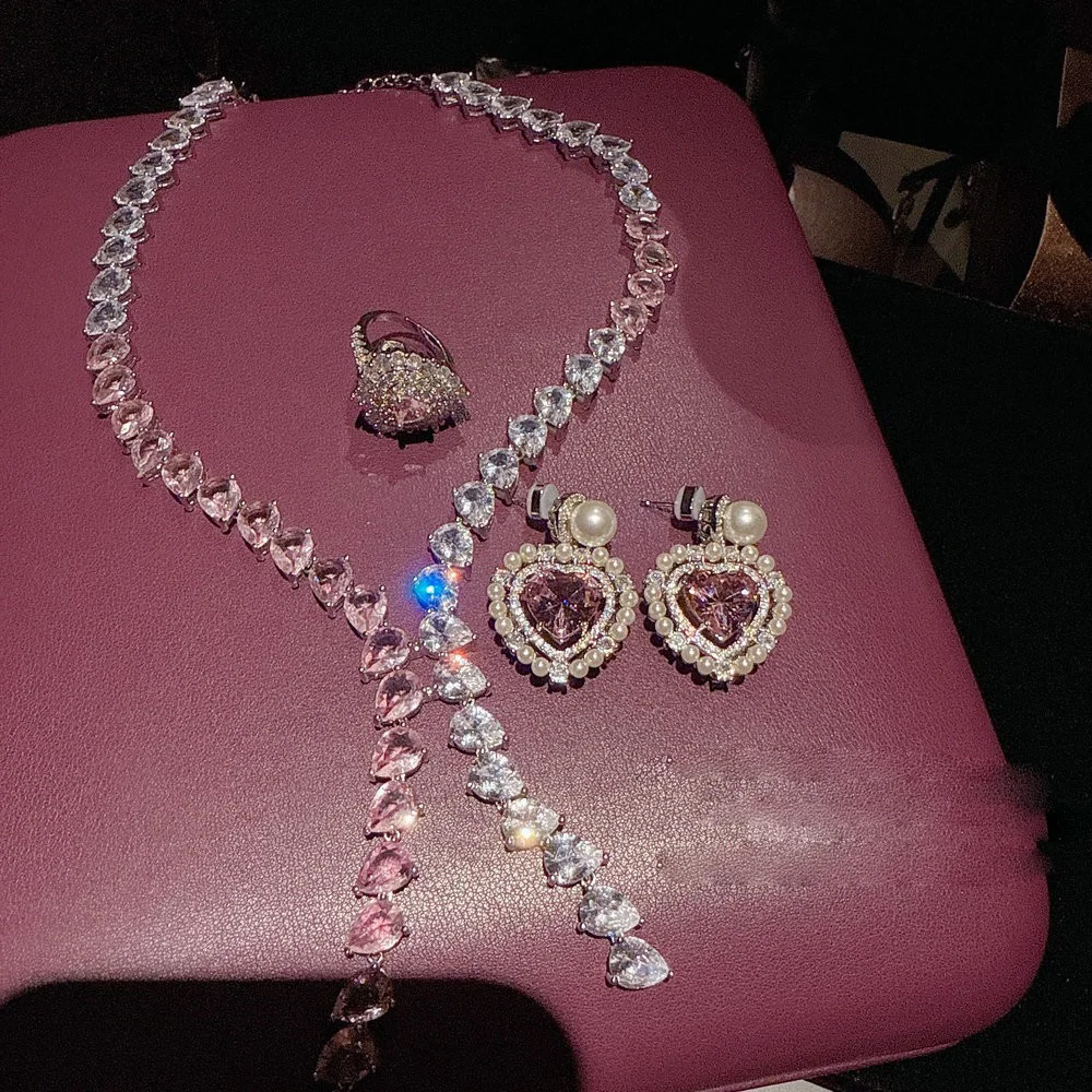 Women Austrian Princess Pink Heart Gemstone Y Necklace 18K Gold Plated Pearl Earrings
Women Austrian Princess Pink Heart Gemstone Y Necklace 18K Gold Plated Pearl Earrings