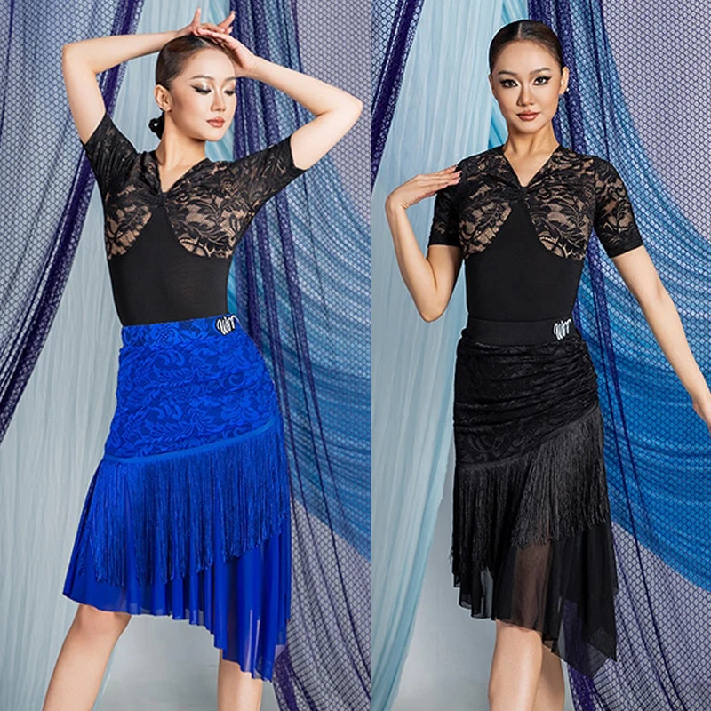 Adult Women's Latin Dance Practice Clothes Black Lace Tops Irregular Fringe Skirt Cha Cha Rumba Ballroom Dance Dresses DNV23451
Adult Women's Latin Dance Practice Clothes Black Lace Tops Irregular Fringe Skirt Cha Cha Rumba Ballroom Dance Dresses DNV23451