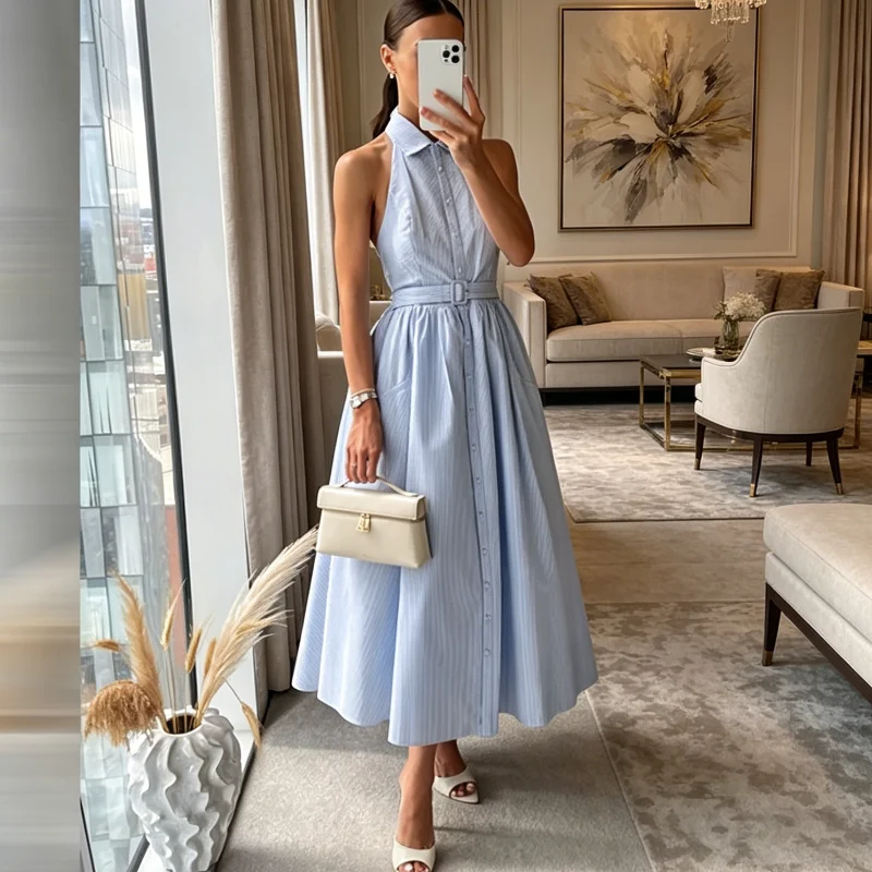 Elegant Office Frock For Women Chic Collared Halter Open Back Belted Dress Lady's New A Line Pocket Daily Casual Outdoor Gown
Elegant Office Frock For Women Chic Collared Halter Open Back Belted Dress Lady's New A Line Pocket Daily Casual Outdoor Gown
