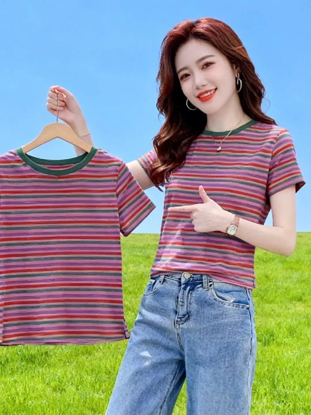 Loose Fashionable Striped Short Sleeve round Neck T-Shirt Women's Summer New Style Slimming Ladies' Top Casual Polyester Fiber
Loose Fashionable Striped Short Sleeve round Neck T-Shirt Women's Summer New Style Slimming Ladies' Top Casual Polyester Fiber
