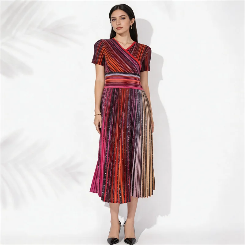 Miyake Pleated Women's Casual Dress 2026 Summer New Bright Silk Color Striped Loose V-neck Waist Short-sleeved Mid-length Skirt
Miyake Pleated Women's Casual Dress 2026 Summer New Bright Silk Color Striped Loose V-neck Waist Short-sleeved Mid-length Skirt