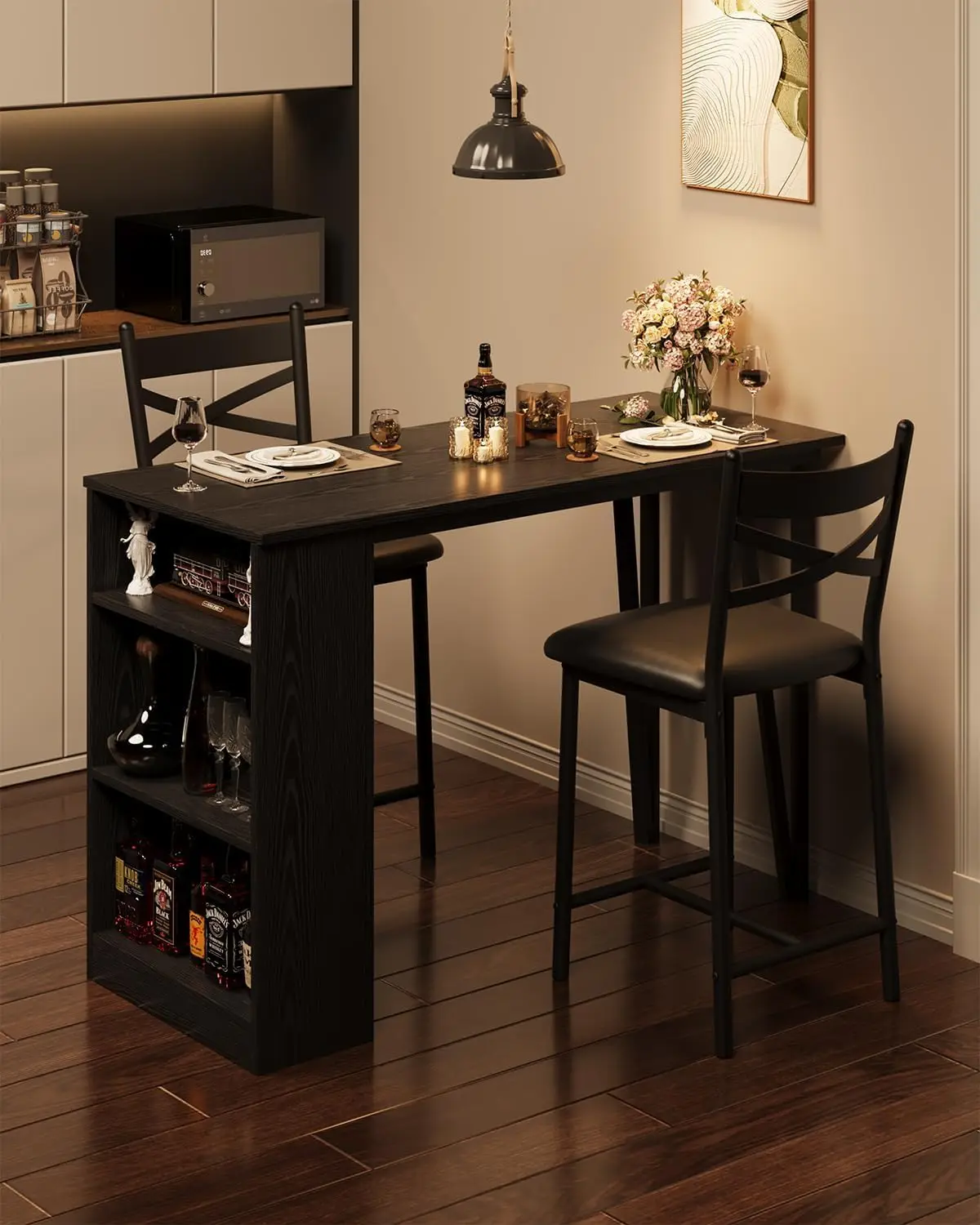 3-Piece Bar Table Set With Flip Top Extension And Storage Shelves, Black
3-Piece Bar Table Set With Flip Top Extension And Storage Shelves, Black