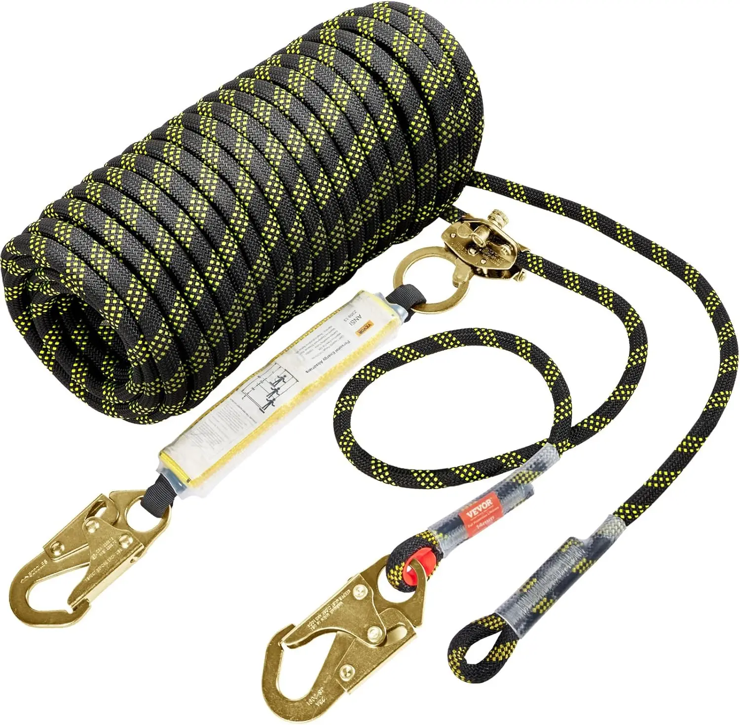 100ft Vertical Lifeline Fall Protection Rope, 0.55'' Diameter, 30KN Breaking Strength with Steel Hooks & Shock Absorber
100ft Vertical Lifeline Fall Protection Rope, 0.55'' Diameter, 30KN Breaking Strength with Steel Hooks & Shock Absorber