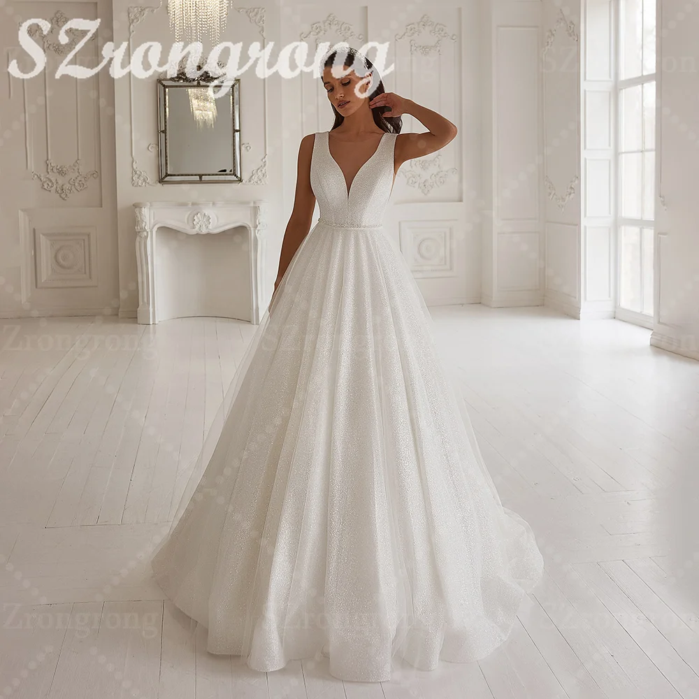 Modern Spaghetti Straps Sequins Sparkly Wedding Dress A-line Draped Backless Floor Length Bridal Dress with Train Custom Made
Modern Spaghetti Straps Sequins Sparkly Wedding Dress A-line Draped Backless Floor Length Bridal Dress with Train Custom Made