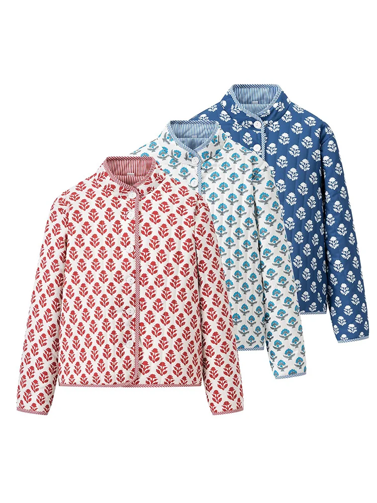 European style new women's fashion versatile temperament stand collar long sleeves printed double-sided cotton coat 
European style new women's fashion versatile temperament stand collar long sleeves printed double-sided cotton coat