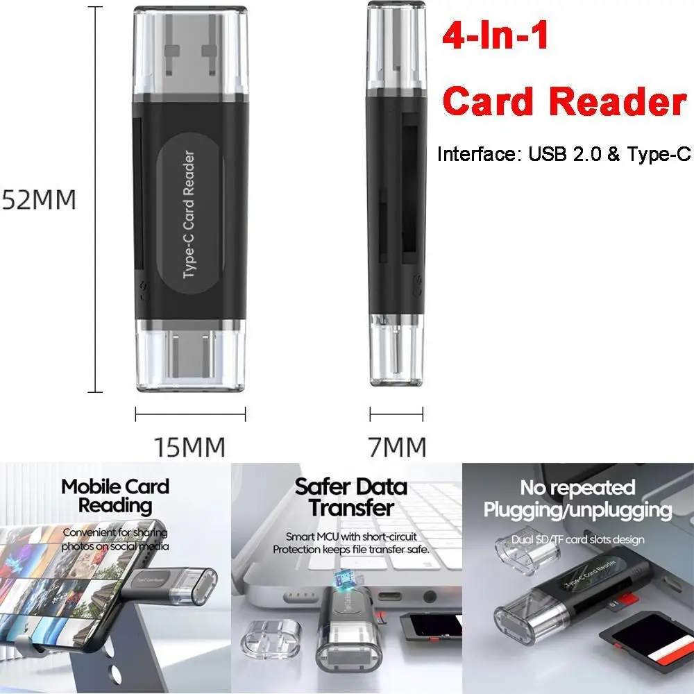 USB 2.0 Interface 4-In-1 Card Reader Plug And Play Dual Card Slot USB Type-C OTG Adapter High Speed Memory Card Reader
USB 2.0 Interface 4-In-1 Card Reader Plug And Play Dual Card Slot USB Type-C OTG Adapter High Speed Memory Card Reader