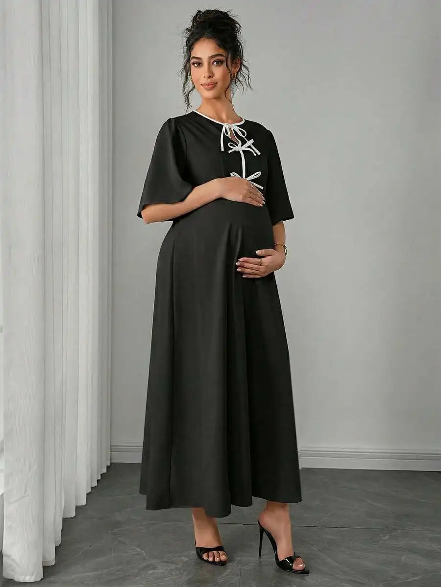 Elegant Black Maternity Swing Dress With Bowknot Detail Summer Casual Long Dress
Elegant Black Maternity Swing Dress With Bowknot Detail Summer Casual Long Dress