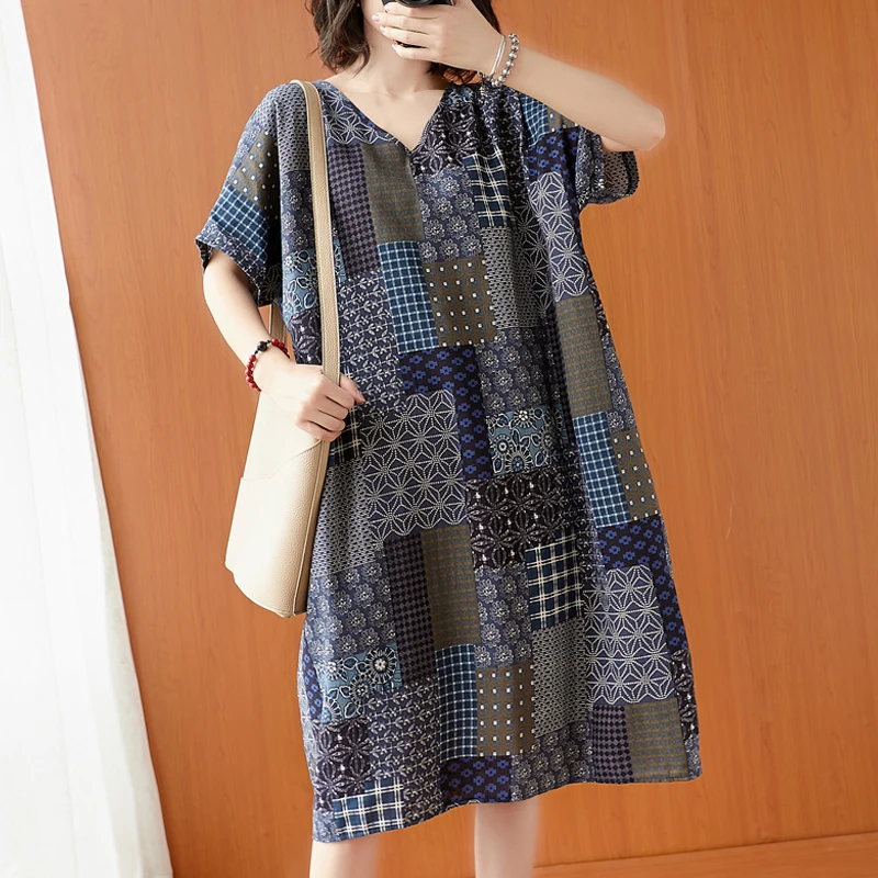 Fashionable V-Neck Midi Dress Cotton Linen Print Short Sleeve Women's plus Size Clothing Comfortable Breathable Summer Dress
Fashionable V-Neck Midi Dress Cotton Linen Print Short Sleeve Women's plus Size Clothing Comfortable Breathable Summer Dress
