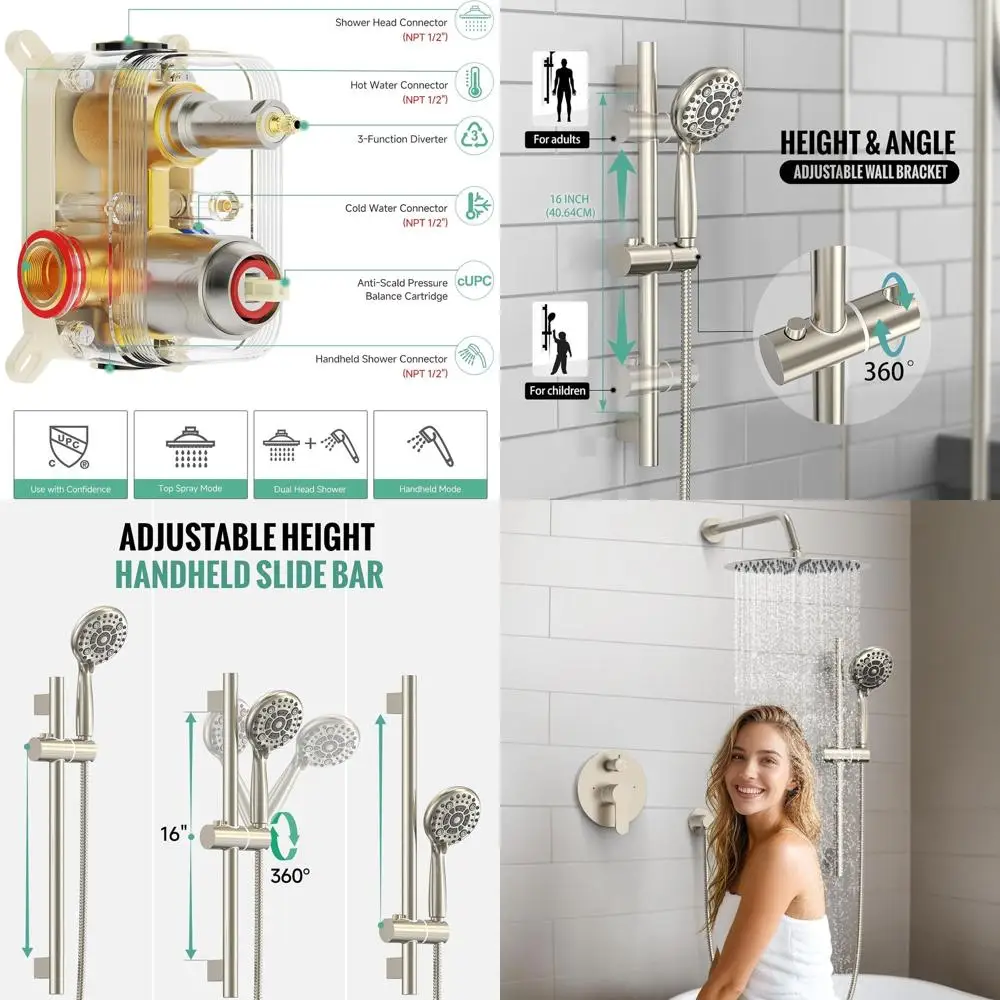 12 Inch Premium Rain Shower System with 6-Spray Handheld Combo Set and Slide Bar, Brushed Nickel Finish
12 Inch Premium Rain Shower System with 6-Spray Handheld Combo Set and Slide Bar, Brushed Nickel Finish