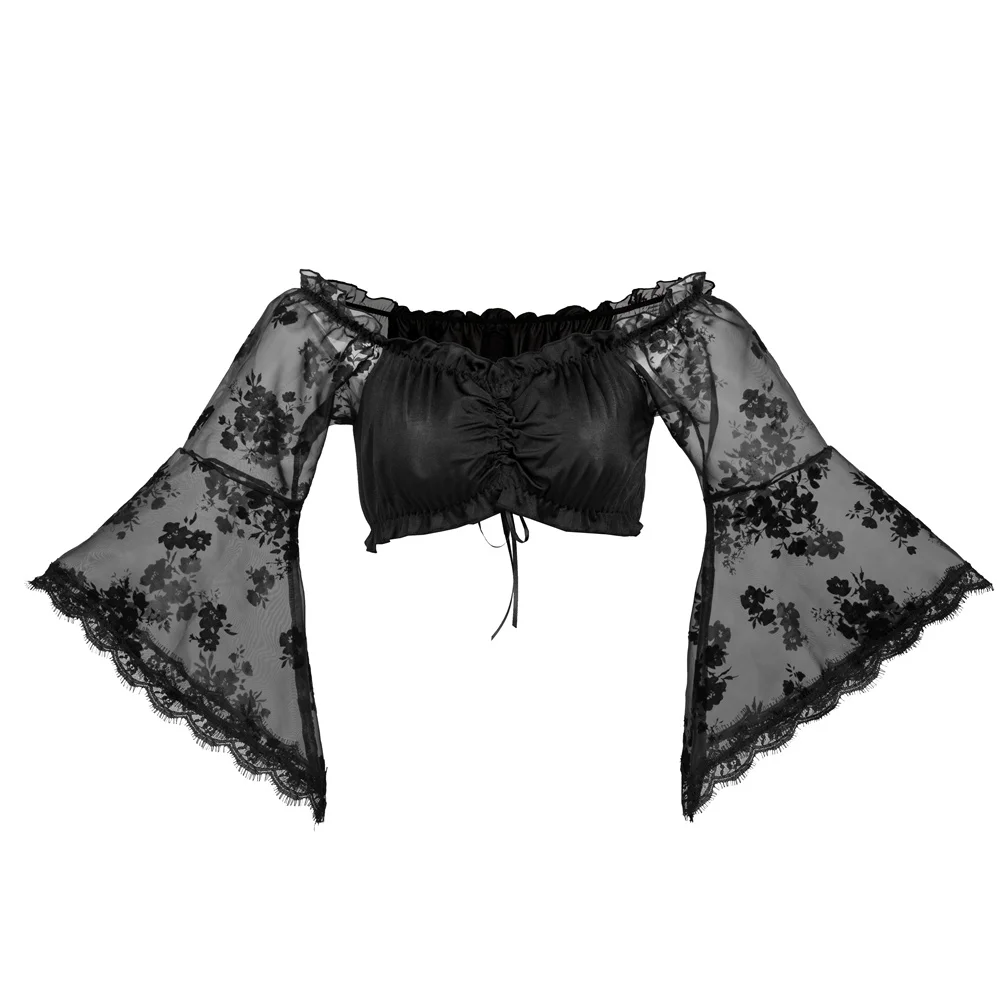 Extra Short Black See Through Floral Chiffon Sweet Flare Sleeve Blouse Kawaii Lolita Top Sexy Shirts & Blouses y2k Clothes Women
Extra Short Black See Through Floral Chiffon Sweet Flare Sleeve Blouse Kawaii Lolita Top Sexy Shirts & Blouses y2k Clothes Women