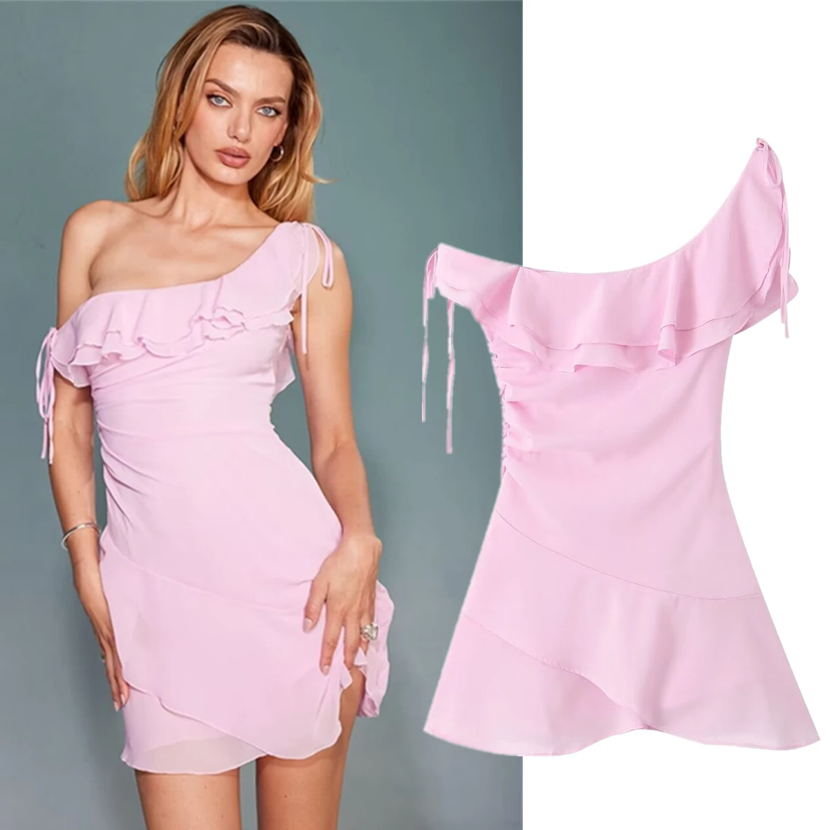Jenny&Dave French Elegant With Ruffle Edge Elegant Party Dress Women Pink Single Shoulder Chiffon Mini Dress
Jenny&Dave French Elegant With Ruffle Edge Elegant Party Dress Women Pink Single Shoulder Chiffon Mini Dress