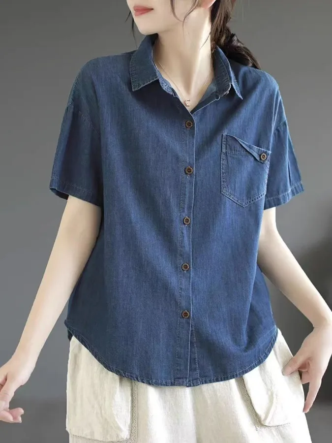 Retro Style Women's Cotton Denim Shirt Thin Short Sleeve Turn-down Collar Pure Color Summer Fashionable Top Loose Fit Outerwear
Retro Style Women's Cotton Denim Shirt Thin Short Sleeve Turn-down Collar Pure Color Summer Fashionable Top Loose Fit Outerwear